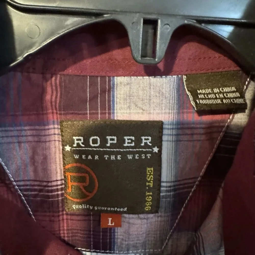 Roper Western Shirt Mens L Plaid Button Down Burgundy Maroon Cotton Long Sleeve